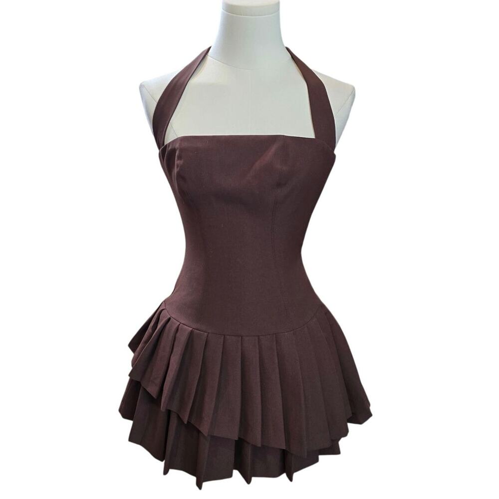 NWT Women's OH Polly Brown Pleated Halter Dress Sz US 0